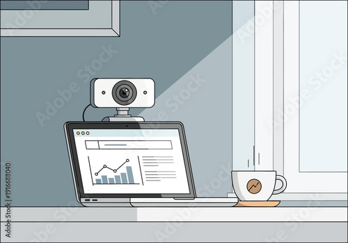 Laptop with Webcam and Coffee Cup on Desk.