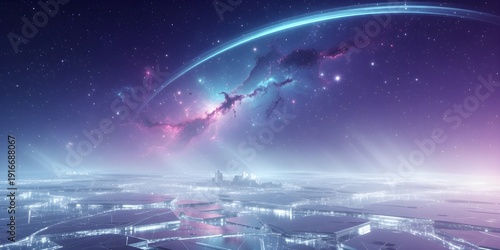 Wallpaper Mural Futuristic alien cityscape with glowing structures and a vibrant purple and blue sky at twilight, otherworldly landscape Torontodigital.ca