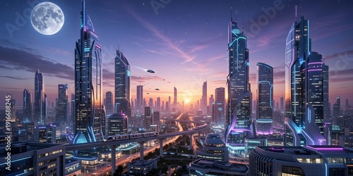 Wallpaper Mural Futuristic city skyline at sunset with glowing neon skyscrapers, flying vehicles, and a full moon overhead Torontodigital.ca