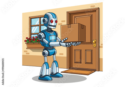 Vector illustration of a robot delivering a package to a house, isolated on white background