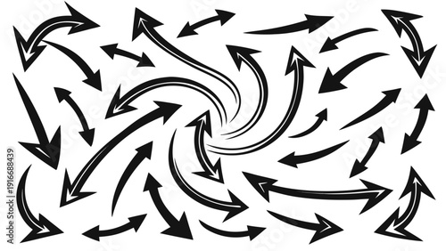 Numerous black arrows swirling and pointing in various directions a dynamic pattern