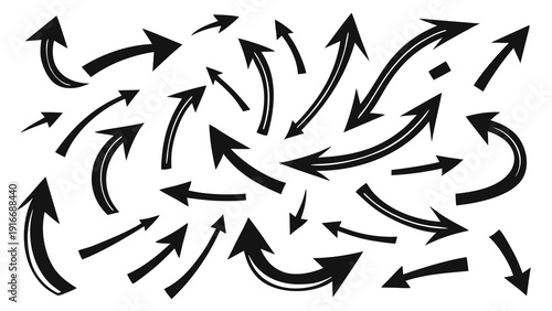 Numerous black arrows pointing in various directions on a white background