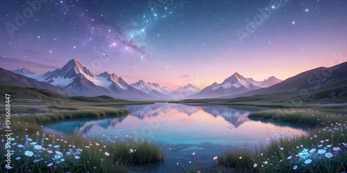 Wallpaper Mural Magical night landscape with starry sky, glowing galaxy, and colorful wildflowers reflected in a clear, calm lake. Torontodigital.ca