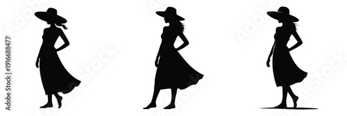 Summer Woman Silhouette Vector – Elegant Female in Flowing Dress and Sun Hat, Stylish Lady Walking Gracefully, Minimalist Black and White Fashion Illustration for Beauty, Vacation, and Seasonal Art