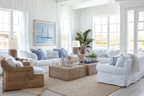 A coastal living room with light, airy colors, natural light, and nautical decor accents. Opt for a palette of whites, blues, and sandy neutrals, complemented by wicker