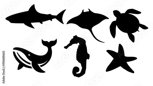 Collection of Marine Life Animal Silhouettes Vector