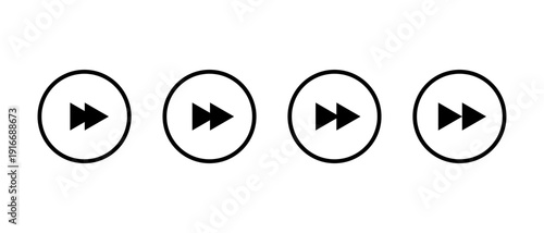 Fast forward media control icon set in circular outline. Next track player button. Double arrow right navigation symbol