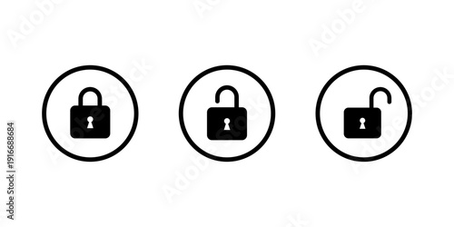 Close and open padlock icon in circular outline. Data protection security symbol. Access permission indicator symbol