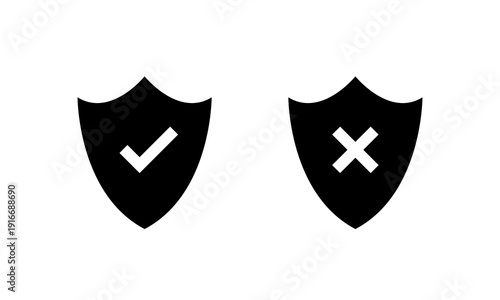 Shield with check and cross icon. Protection and threat symbol. Safe and unsafe sign
