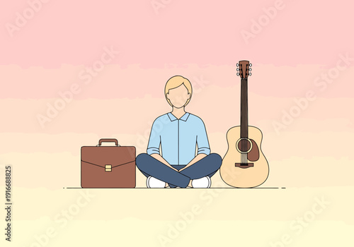 Person with Briefcase and Acoustic Guitar Sitting Centered in Calm Gradient Background Representing Work Life Balance