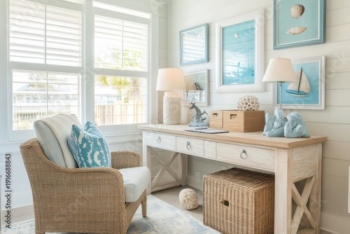 driftwood, shells, and maritime artwork to evoke a serene, breezy atmosphere reminiscent of a seaside retreat.
