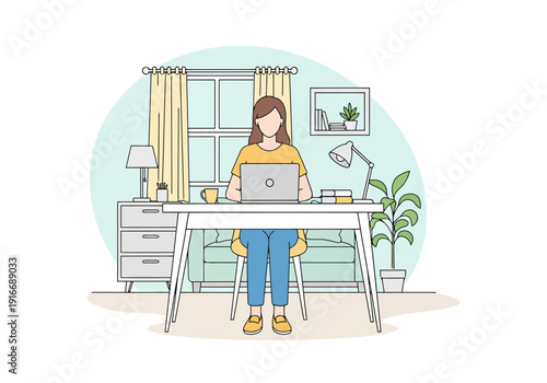Woman Working Remotely From Home Office Using Laptop and Desk Setup