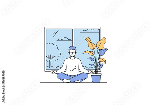 Man meditates peacefully indoors near a window with potted plant suggesting calm and well being and a healthy lifestyle practice for mental clarity