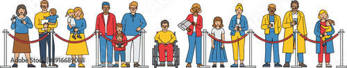 Flat vector illustration of a diverse queue of people, including families and a wheelchair user, waiting behind ropes