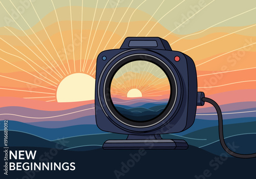 Digital Camera Lens Reflecting Sunrise Scene.