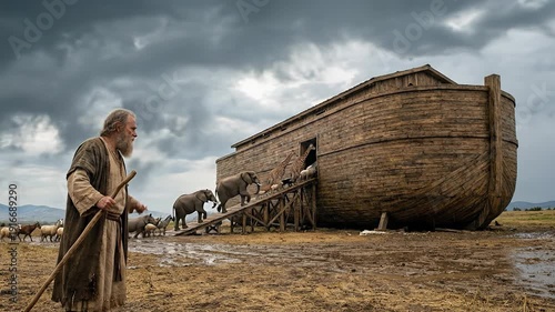 A conceptual representation of biblical obedience and divine protection showing Noah guiding pairs of animals into the wooden ark under a dramatic stormy sky signaling the coming flood