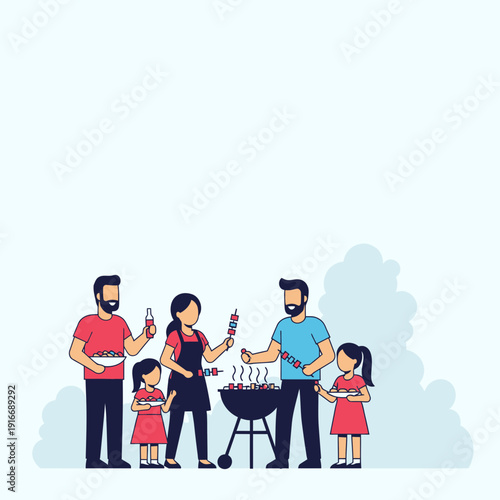 A happy family enjoying a summer barbecue outdoors, cooking food together with smiles and drinks