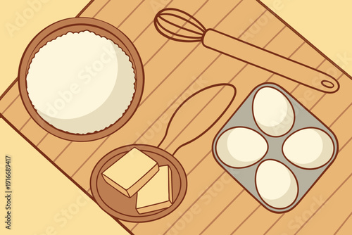Overhead view of baking ingredients including flour eggs and butter on a wooden surface with cooking tools