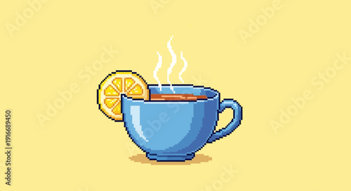 Pixel art illustration of a steamy blue teacup with a slice of lemon and a cinnamon stick
