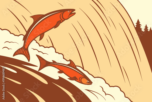 Two vibrant orange salmon leaping upstream through powerful river currents and white foam, a dynamic illustration of nature's force.