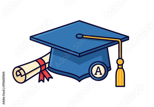 Graduation Cap and Diploma with A Grade Symbol.
