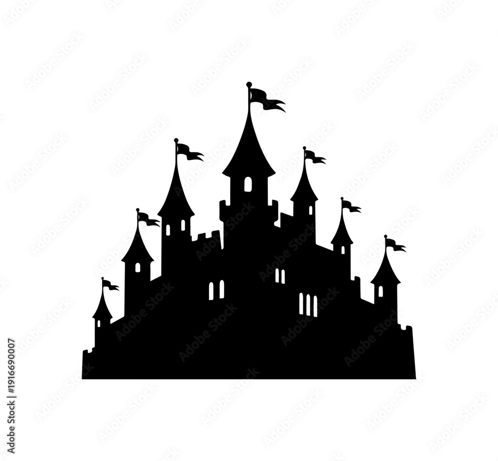 Obraz premium Silhouette of a majestic castle with multiple towers and flags