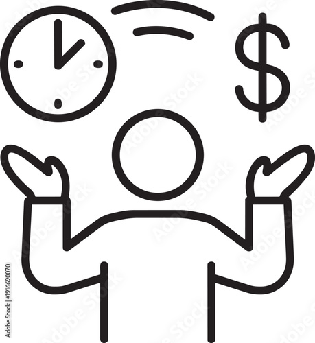 Freelancer challenges concept showing person juggling clock and dollar sign representing managing time and income