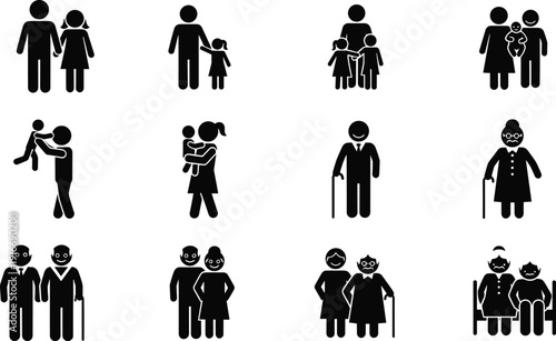 Family and generational relationship silhouette icon set, black vector artwork depicting couples, parents, children, elderly figures, caregiving motif