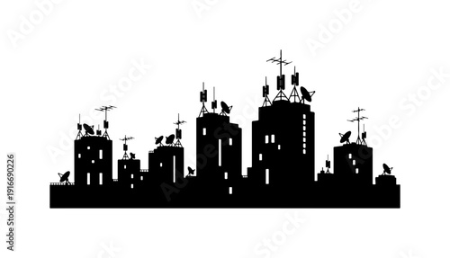 City skyline silhouette with satellite towers
