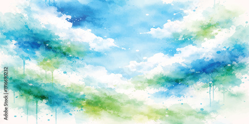 Abstract watercolor background of a beautiful sunny blue sky with soft white clouds and summer sunlight in a clear atmosphere