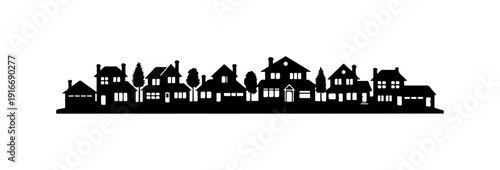 Silhouette of a suburban neighborhood with houses and trees
