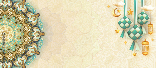 Eid Mubarak decoration background with ornament and mandala pattern with space for text