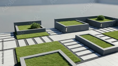Modern Rooftop Garden with Geometric Design.