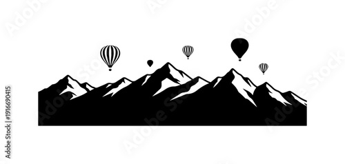 Mountain range silhouette with hot air balloons