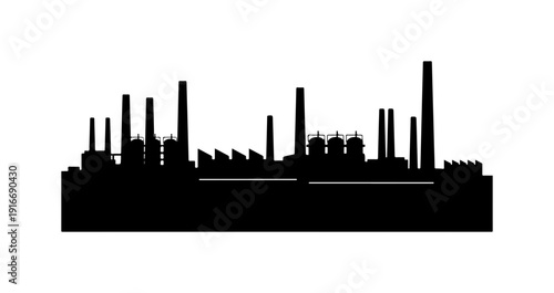 Industrial silhouette of a factory with multiple chimneys and smokestacks