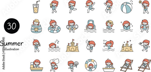 Set of 30 hand-drawn summer illustrations featuring a young girl enjoying beach activities, swimming, and seasonal treats.