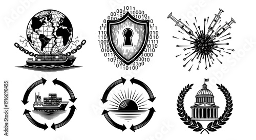 Collection of black and white emblems representing global security and government institutions.