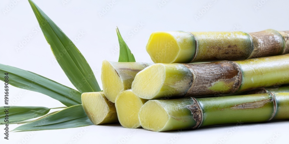Fototapeta premium The sugarcane stalks arranged on white background with leaves and cut ends