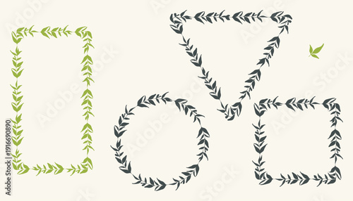 Decorative leaves silhouette, frame set. Circle, square rectangle geometrical shape, botanical border design. Hand drawn natural leaf, green black colour palette. White background