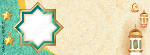 Islamic decoration background with mosque and crescent 3d style with mandala patterns. Cultural season blessings banner design with space for text.