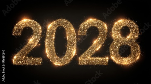 Sparkling Golden Numbers 2028 for Festive Celebrations and New Year Events with Shining Effects on Dark Background