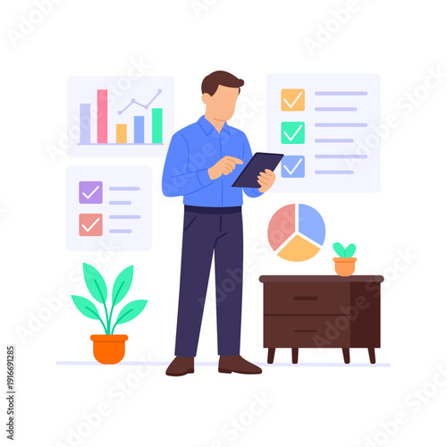 Investment Progress, tracking portfolio growth over time, Flat vector character illustration