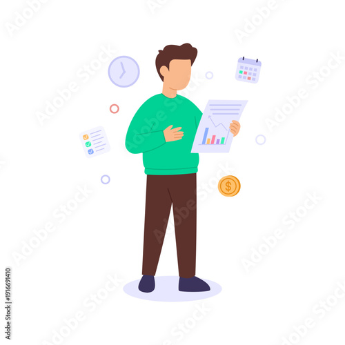 Investment Overview, summarizing assets returns and risks, Flat vector character illustration