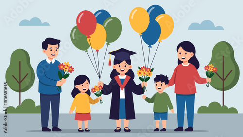 A heartwarming flat design illustration portrays a joyful graduate being celebrated by their proud family, complete with balloons and flowers, signifying shared success and support