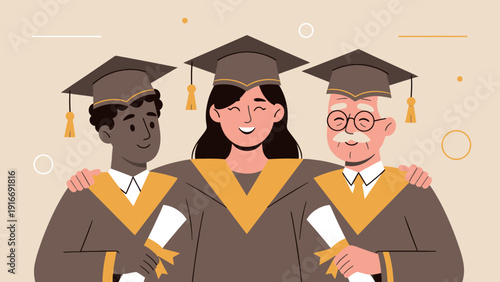 This flat design illustration showcases diverse individuals across different age groups proudly holding their diplomas, symbolizing the importance and accessibility of lifelong learning