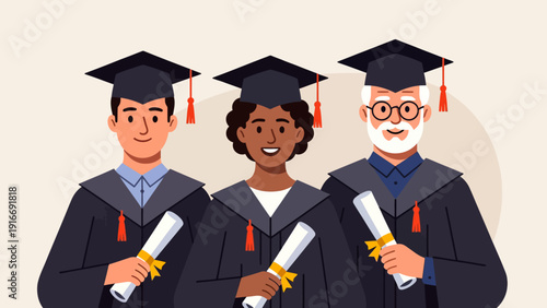 This flat design illustration showcases diverse individuals across different age groups proudly holding their diplomas, symbolizing the importance and accessibility of lifelong learning