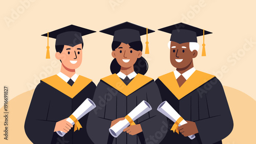 This flat design illustration showcases diverse individuals across different age groups proudly holding their diplomas, symbolizing the importance and accessibility of lifelong learning