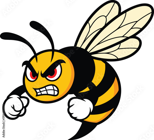 Cartoon aggressive bee mascot with fierce expression, clenched fists, red eyes, and striped body, symbolizing strength, determination, sports team identity, and powerful character design