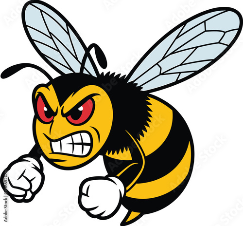 Cartoon hornet mascot with fierce expression, clenched fists, red eyes, and striped body, symbolizing strength, aggression, determination, sports team identity, and powerful character design