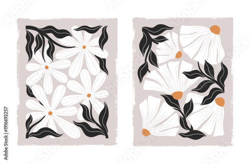 Floral posters in linocut printmaking style.Nordic folk botanical illustration set.Bold vintage wildflowers for prints,banners,wall art decor,branding,packaging and patterns.